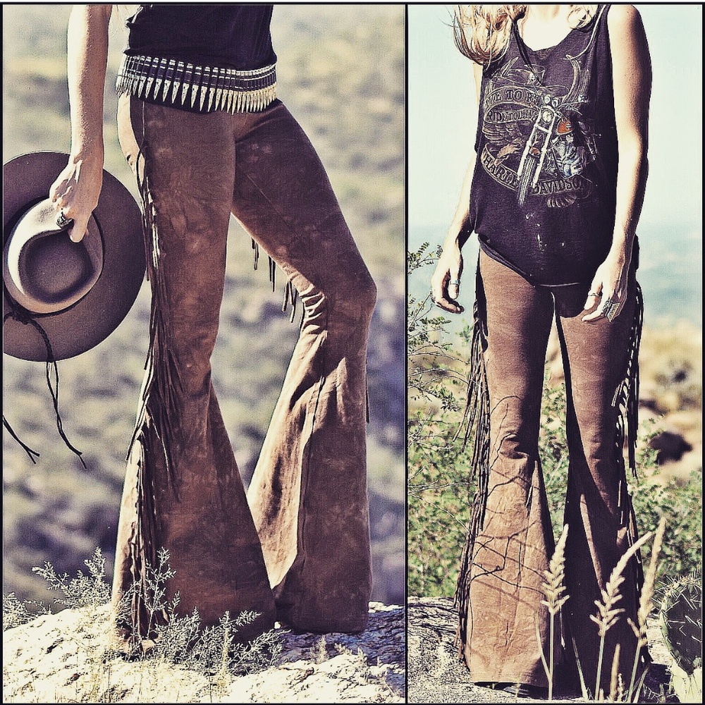 Hiphugger Fringe Bell Bottom Pants in SADDLE Tie Dye Festival Flares XS S M L XL - Picture 6 of 10